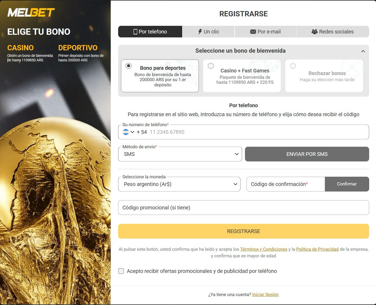 Pantalla de registro de Melbet donde se muestra la opcion Un clic