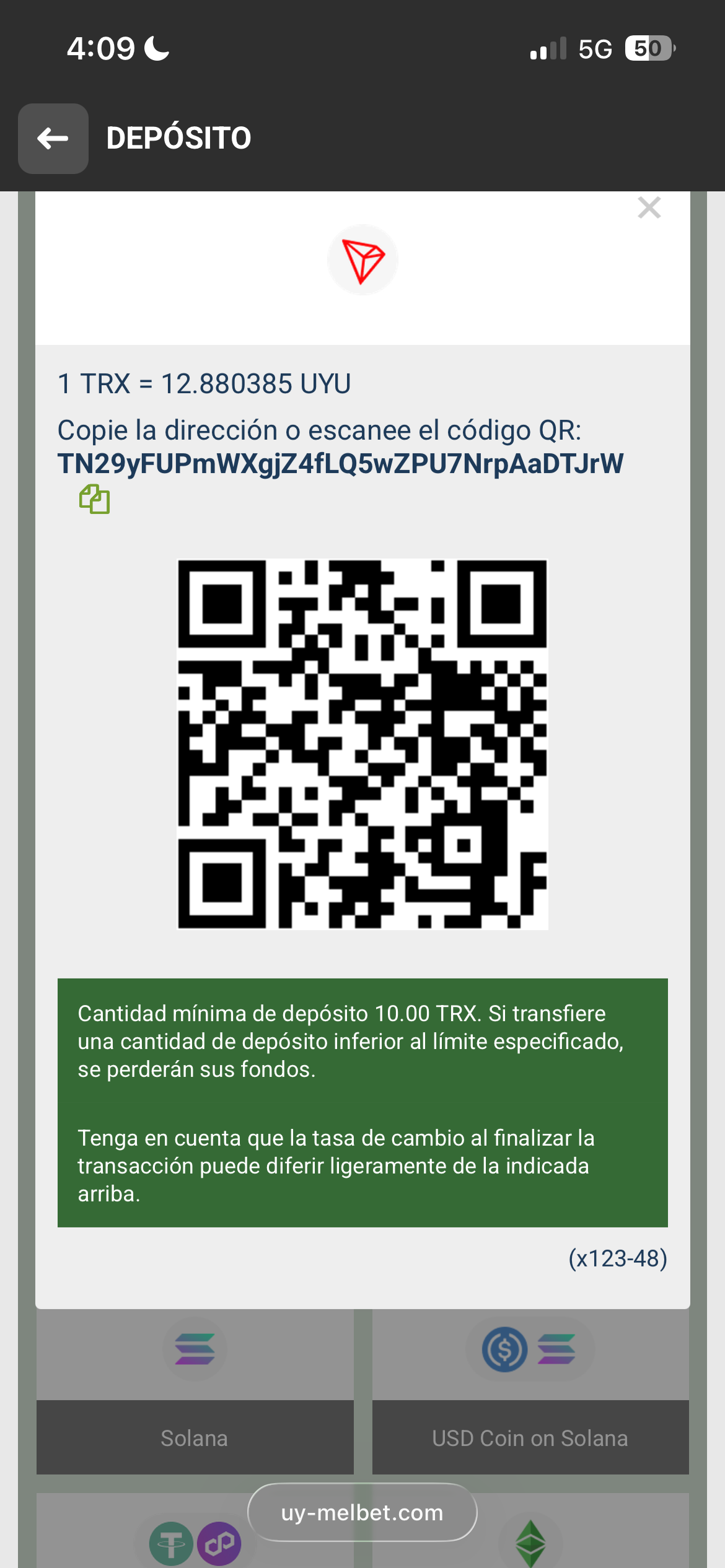 QR de TRON para ayuda, cripto o bono en Melbet